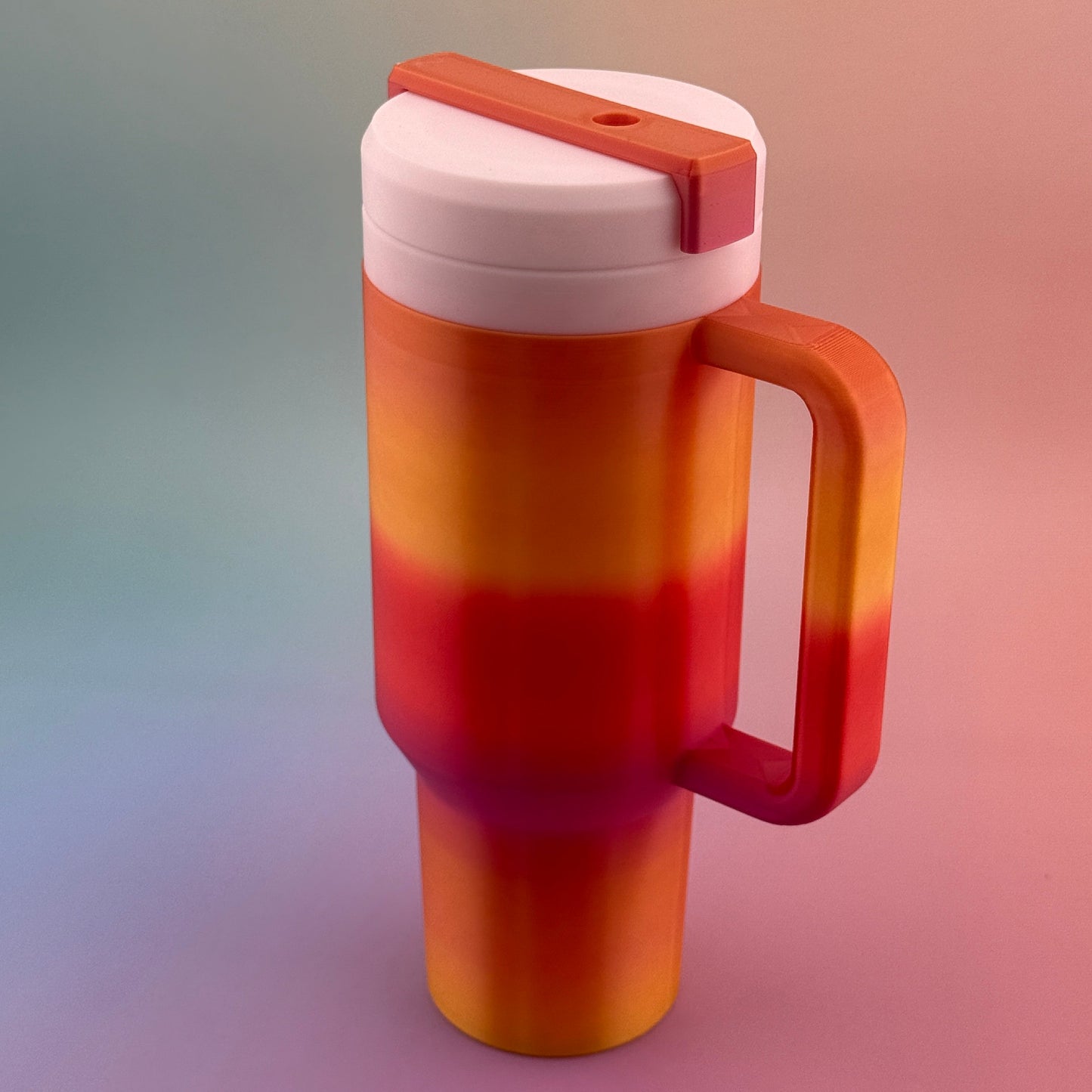 "3D Printed 12oz Slim Can Tumbler Coozy with Handle & Lid options, customizable and durable for versatile usage."