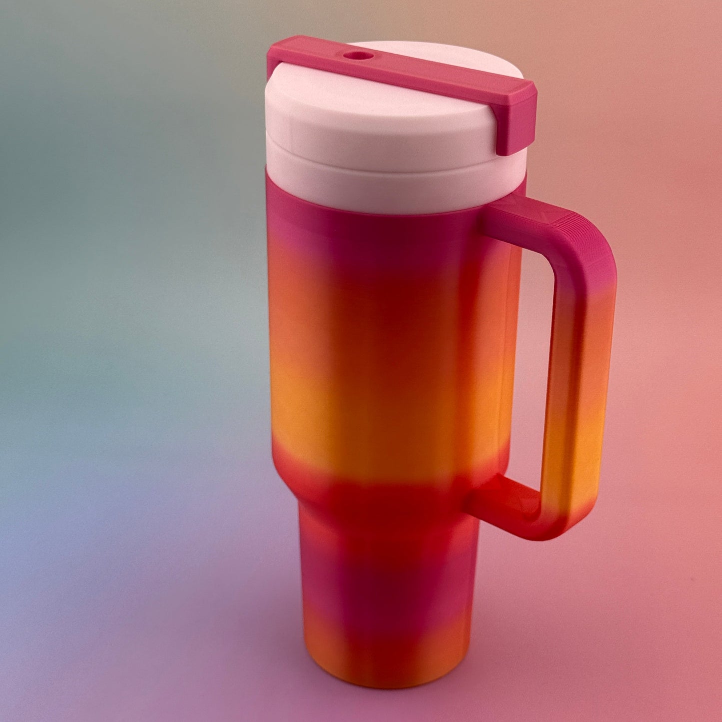 "Durable 3D printed 12oz slim can tumbler coozy with customizable handle & lid options"