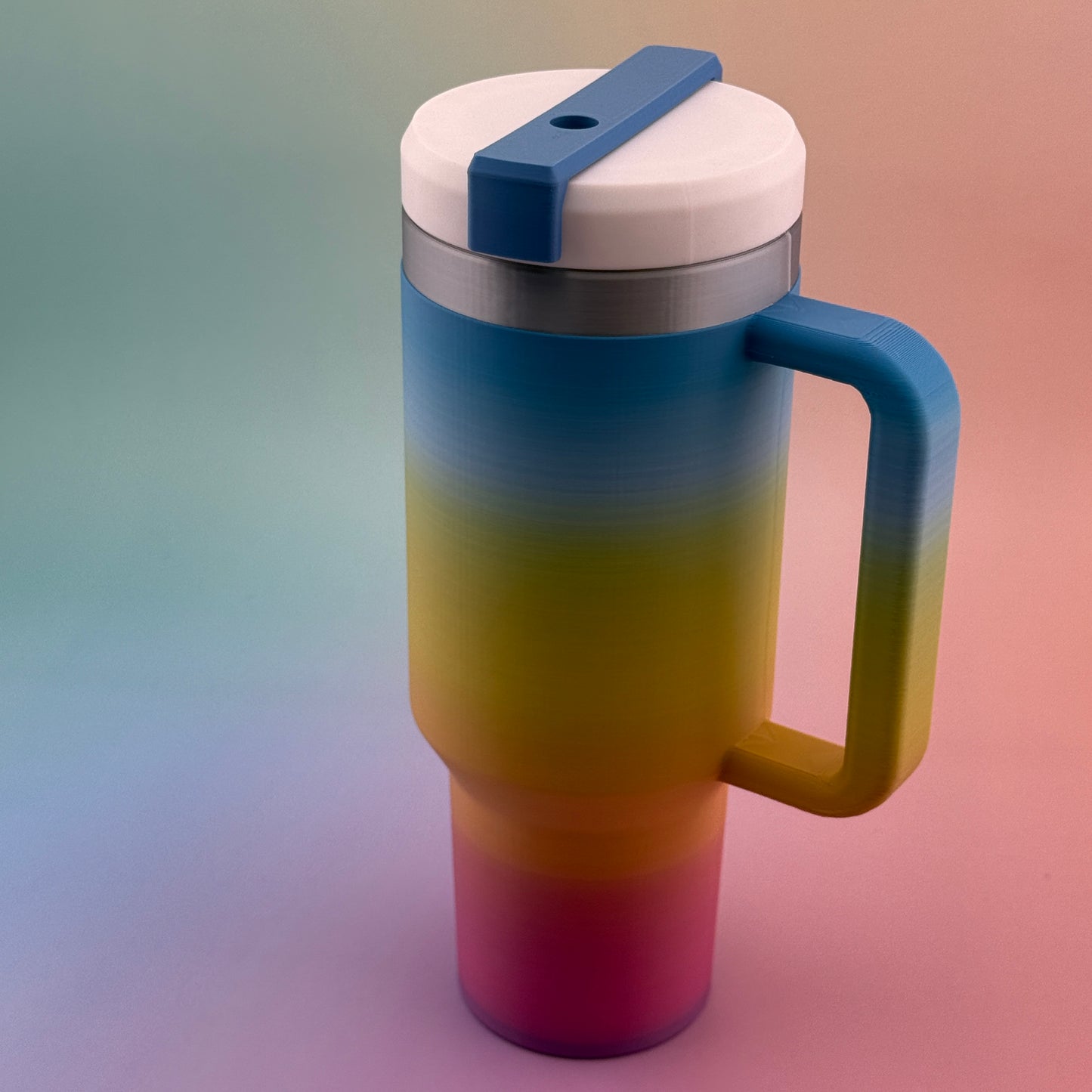 "Durable 3D printed 12oz slim can tumbler coozy with customizable handle and lid options"