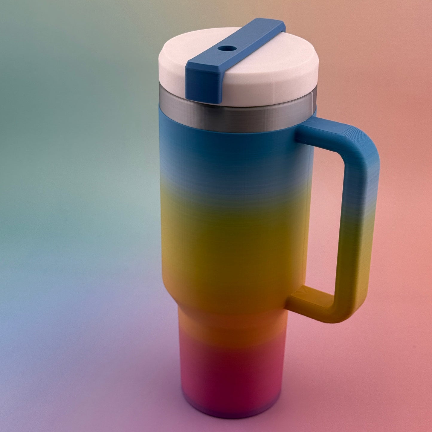 "Durable 3D printed 12oz slim can tumbler coozy with customizable handle and lid options"