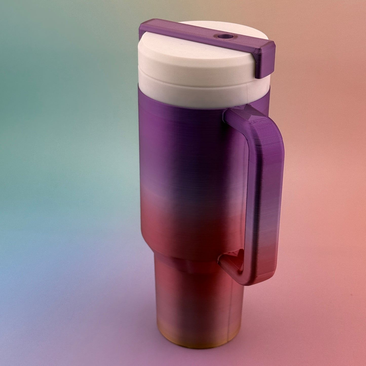 "Durable 3D printed 12oz slim can tumbler coozy with customizable handle and lid options for optimum usability"