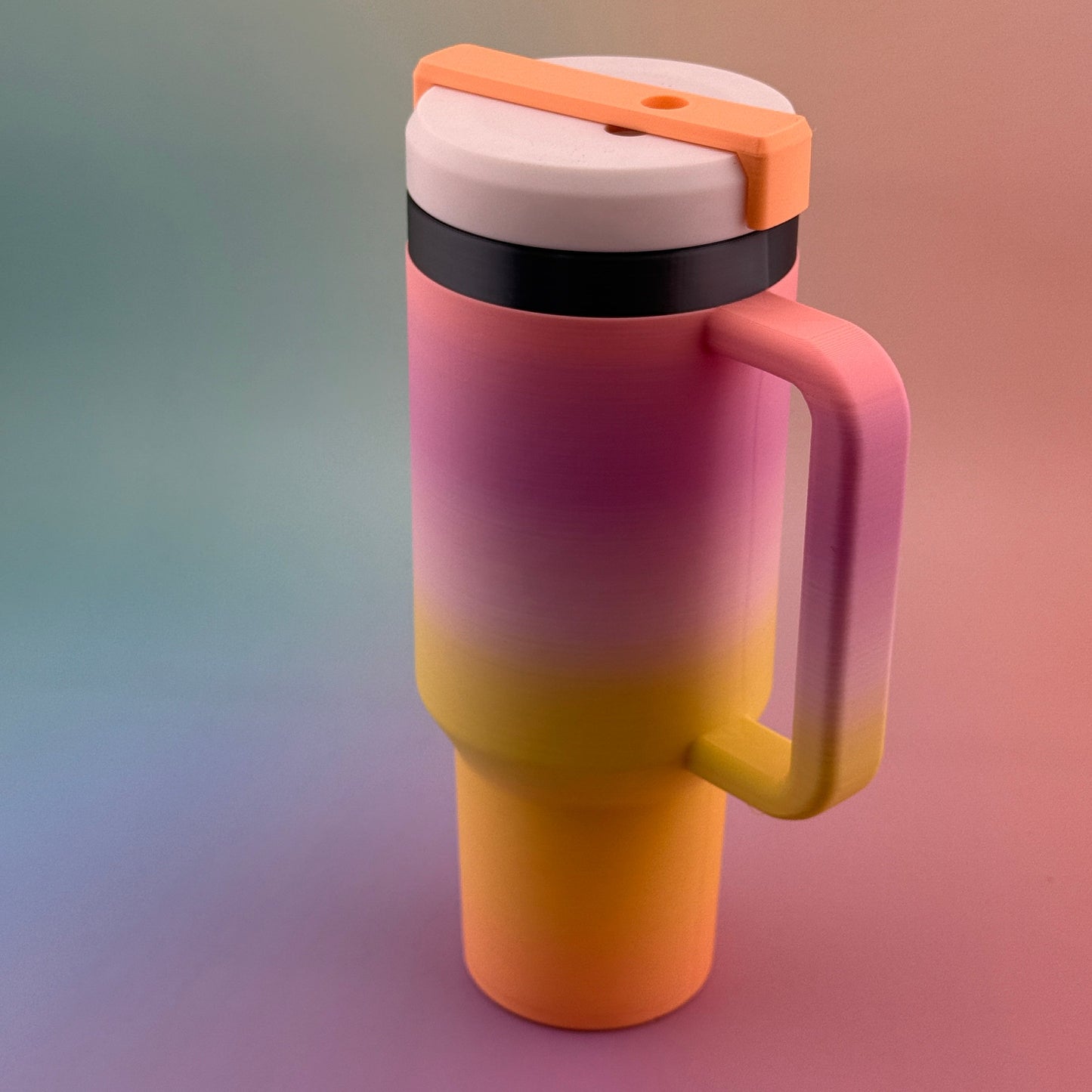 "Durable 3D printed slim can tumbler coozy with customizable handle and lid, perfect for keeping beverages cool."