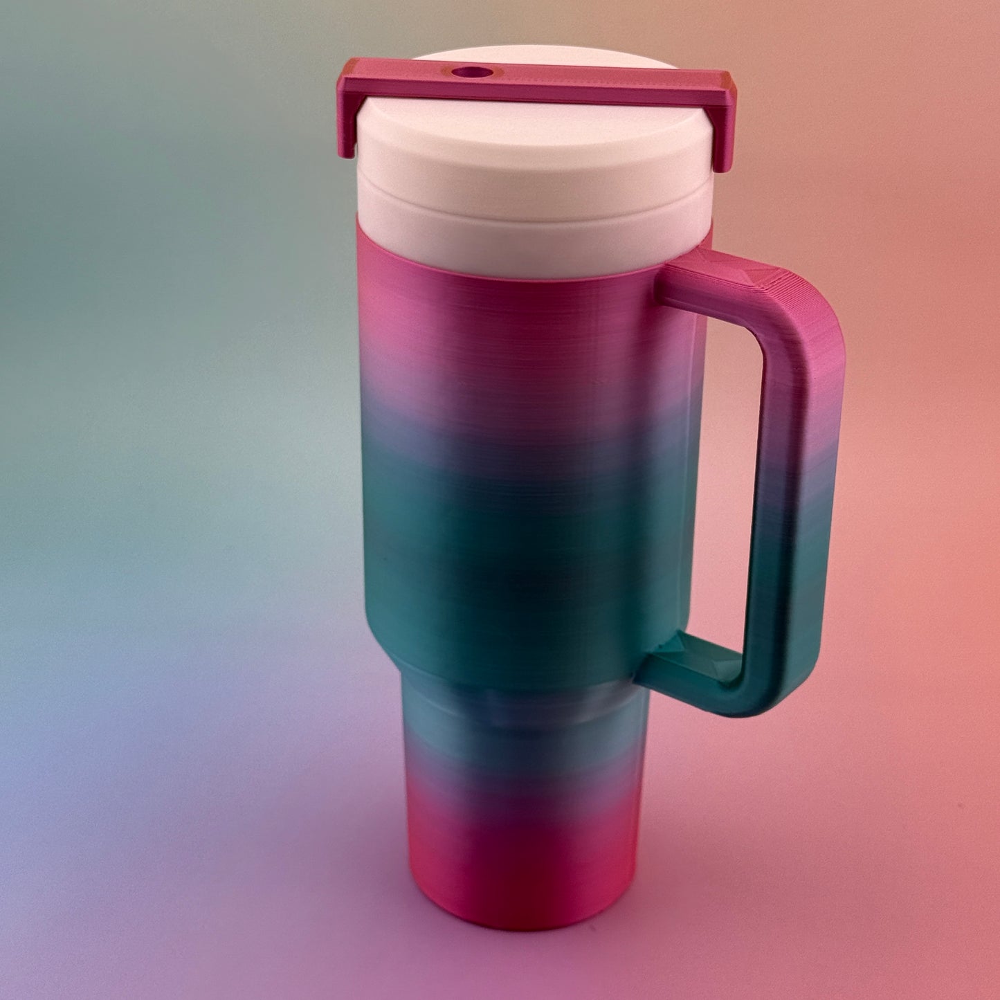 "3D printed customizable 12oz slim can tumbler coozy with durable handle and lid, a perfect touch for your drink"