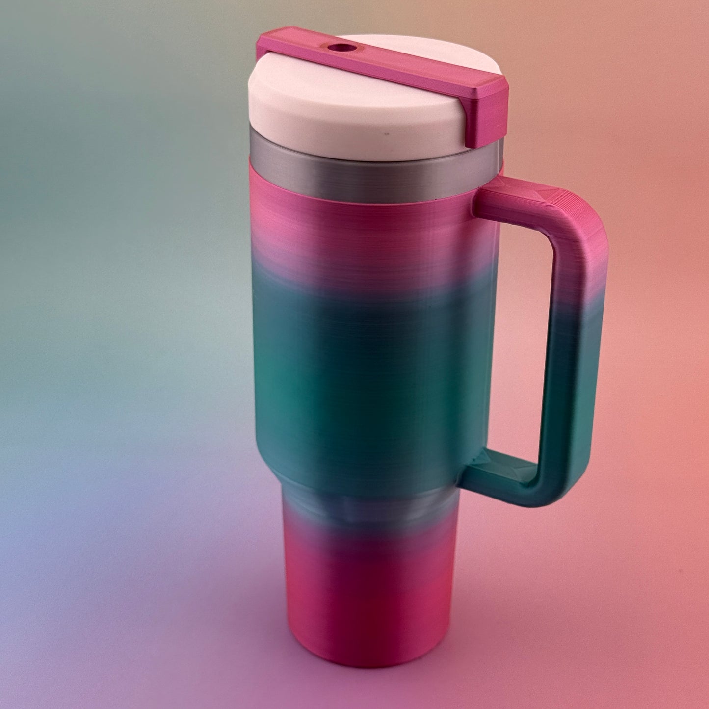 "Customizable 3D printed 12oz slim can tumbler coozy with handle and lid, offering durable insulation for beverages"