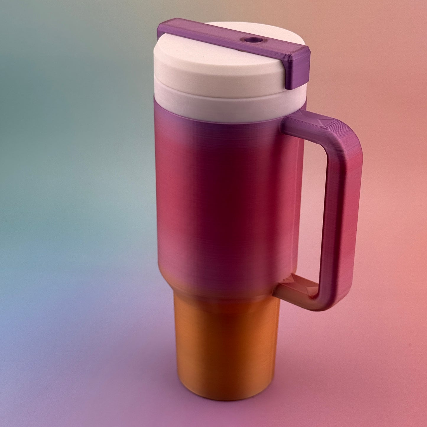 "Durable 3D printed 12oz Slim Can Tumbler Coozy with customizable handle and lid options"
