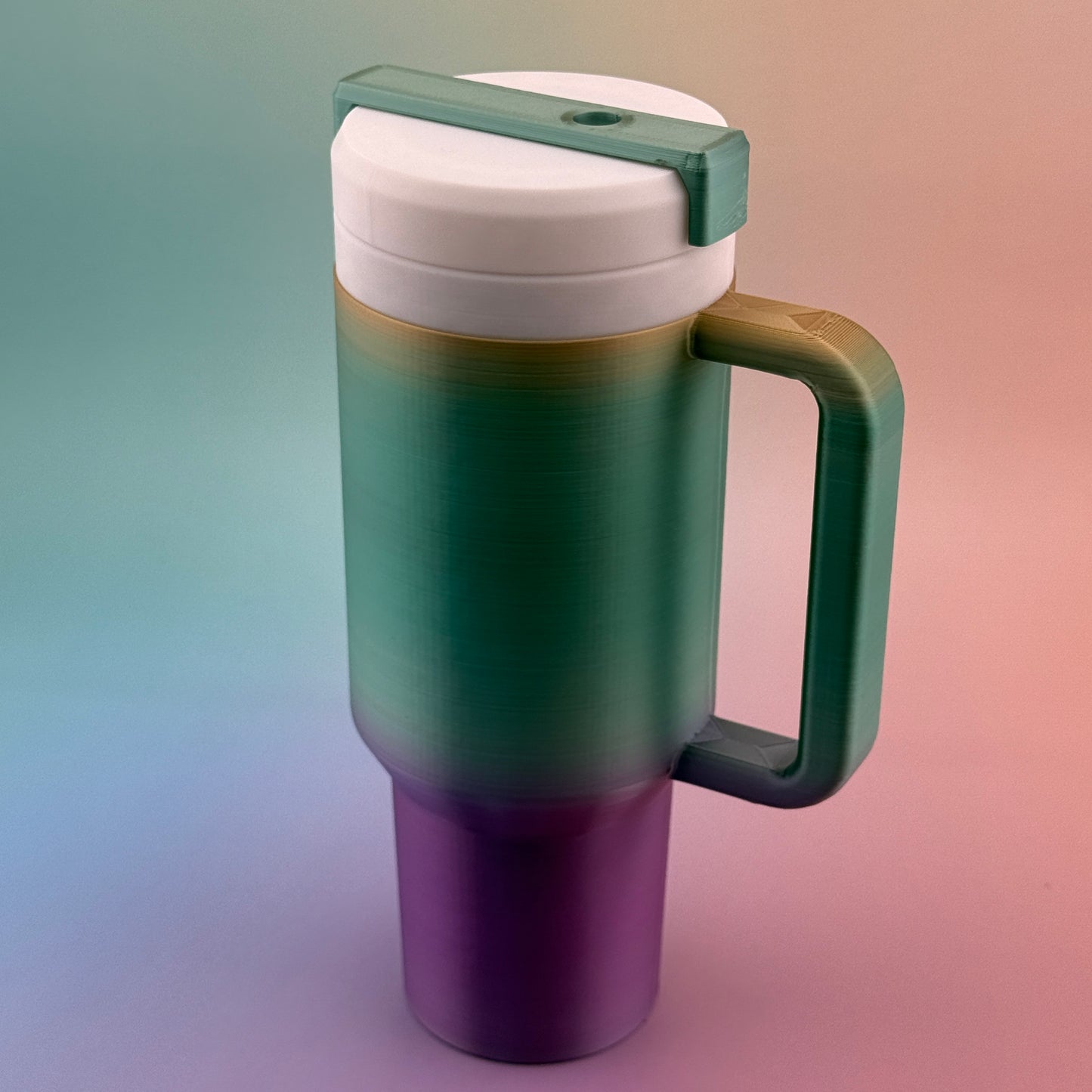 "Durable 3D printed 12oz slim can tumbler coozy with customizable handle and lid options"