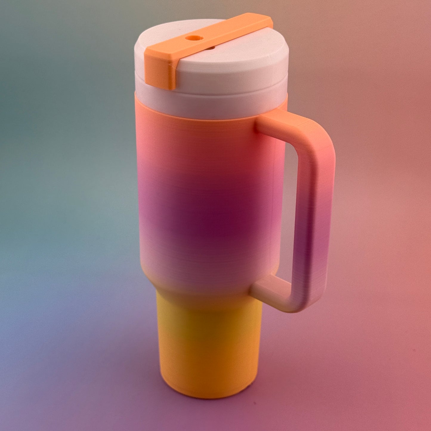 "Customizable 12oz Slim Can Tumbler Coozy, 3D printed, featuring a durable handle and lid options for easy convenience."