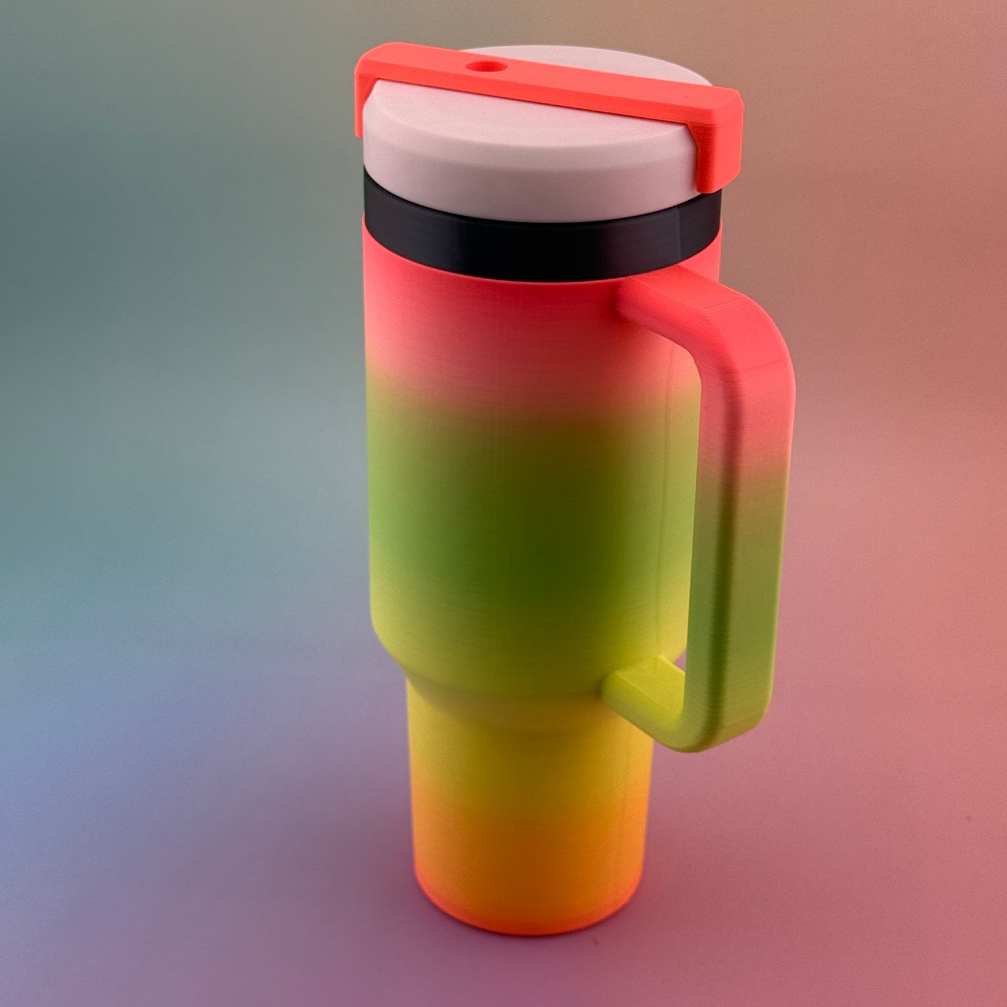 "Durable 3D printed 12oz slim can tumbler coozy with customizable handle and lid options"