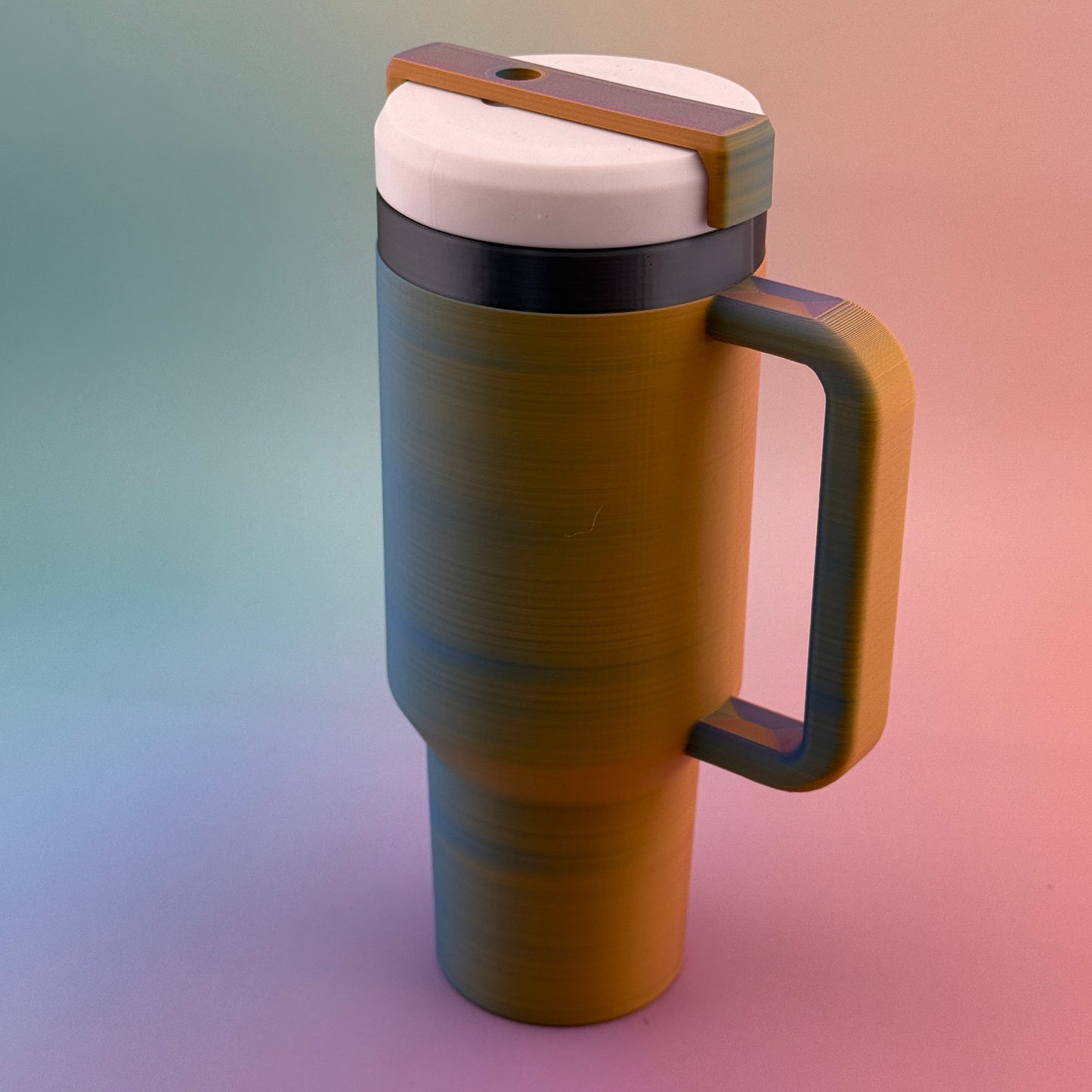 "Durable 3D printed slim can tumbler coozy with customizable handle and lid options"