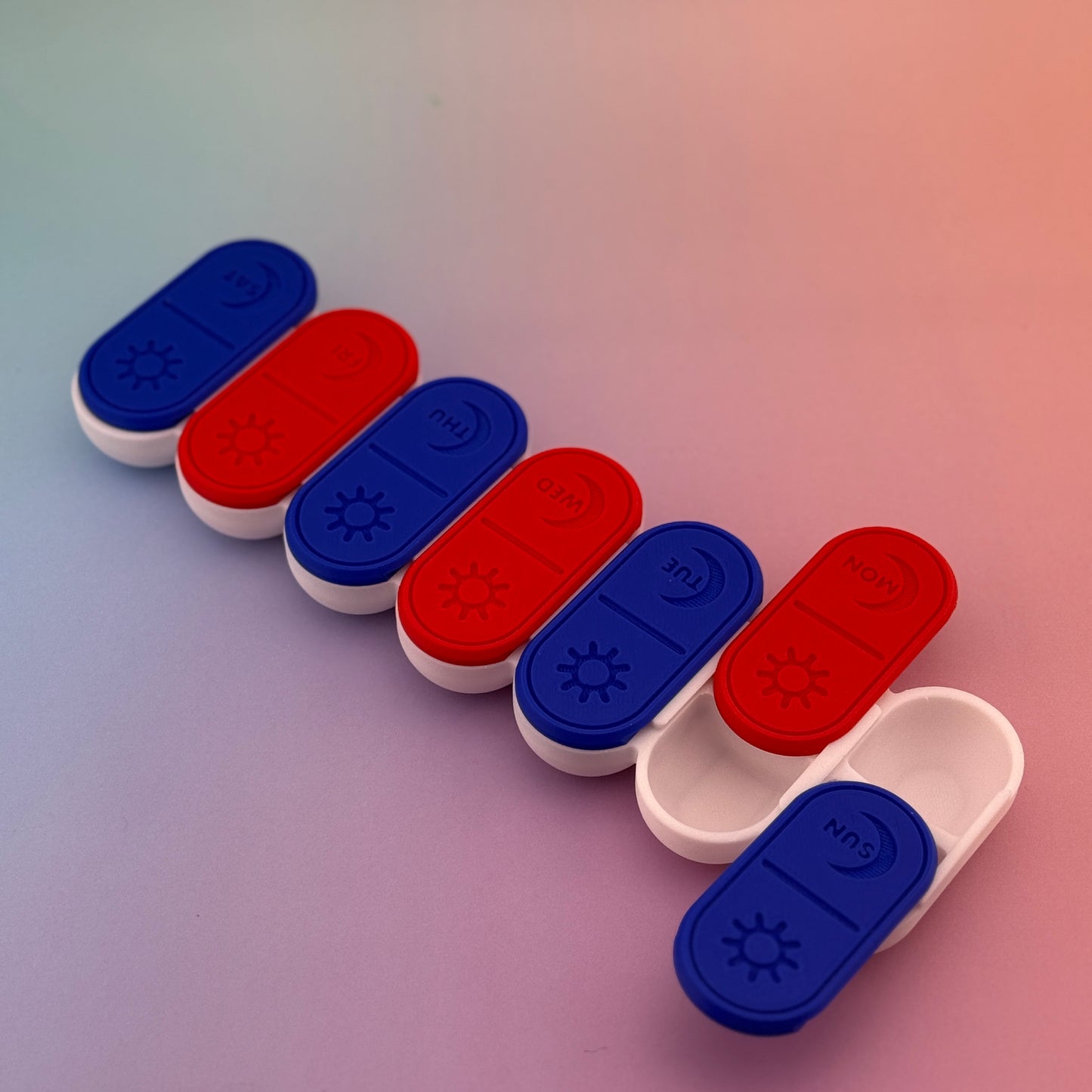 7-Day AM/PM Pill Organizer β Red, White & Blue 3D Printed Case