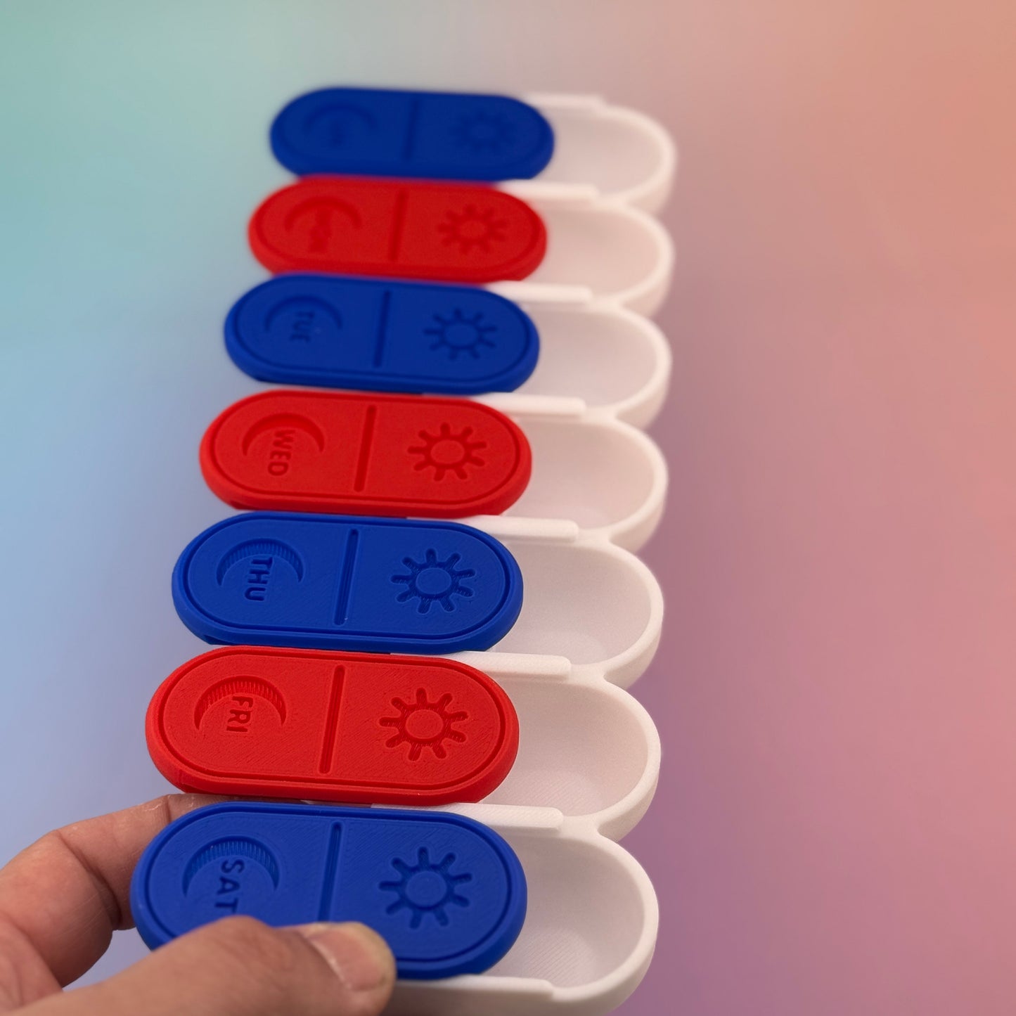 7-Day AM/PM Pill Organizer β Red, White & Blue 3D Printed Case