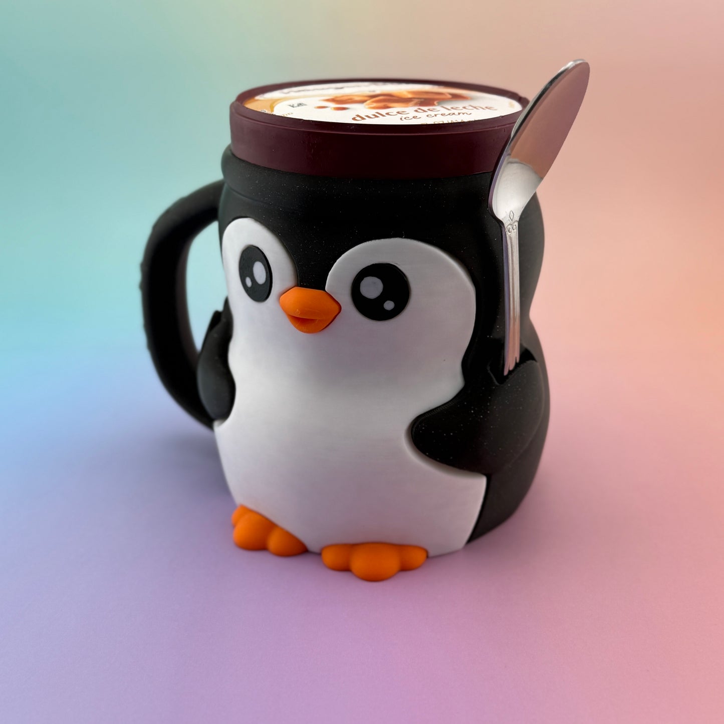 Penguin Ice Cream Pint Cozy - 3D Printed Holder with Spoon Slot for Häagen-Dazs, Ben & Jerry's, and More
