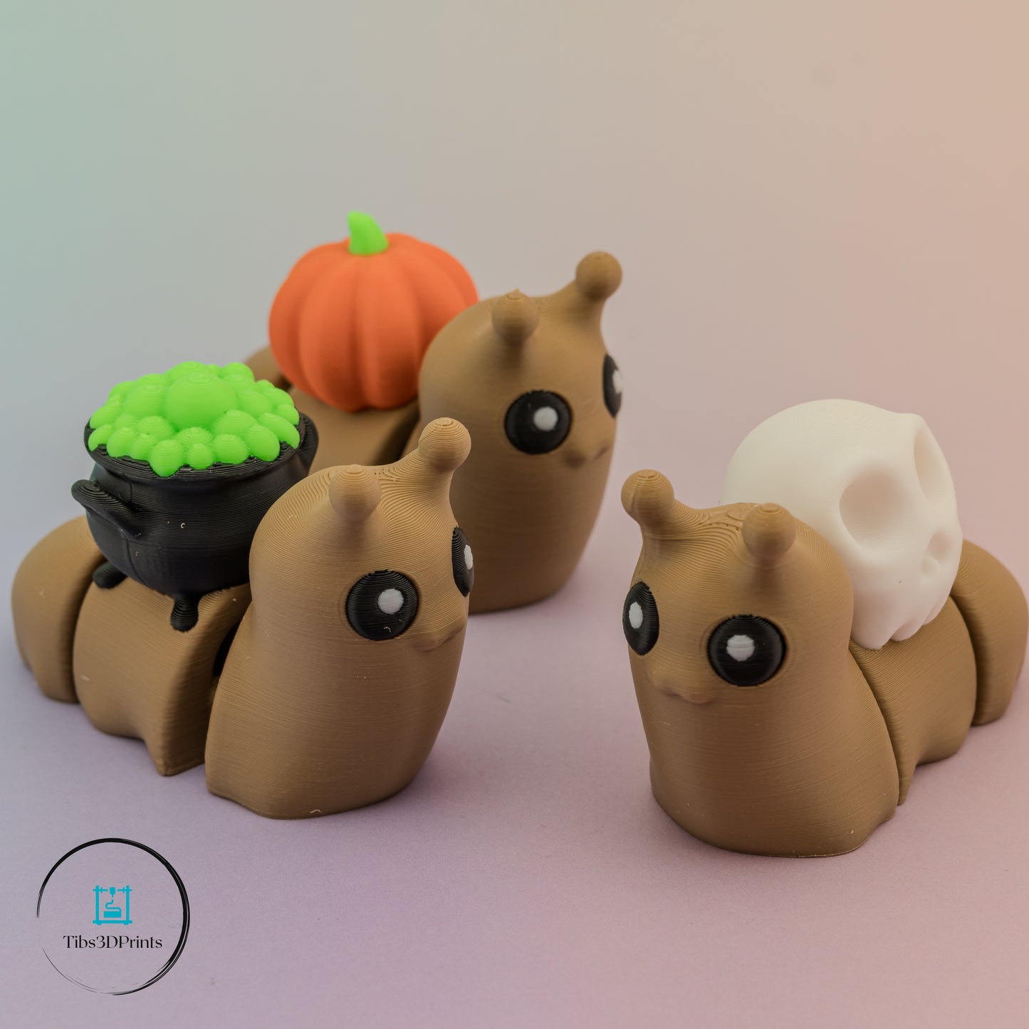 Cute 3D Printed Snails β Pumpkin, Skull & Cauldron Halloween Set