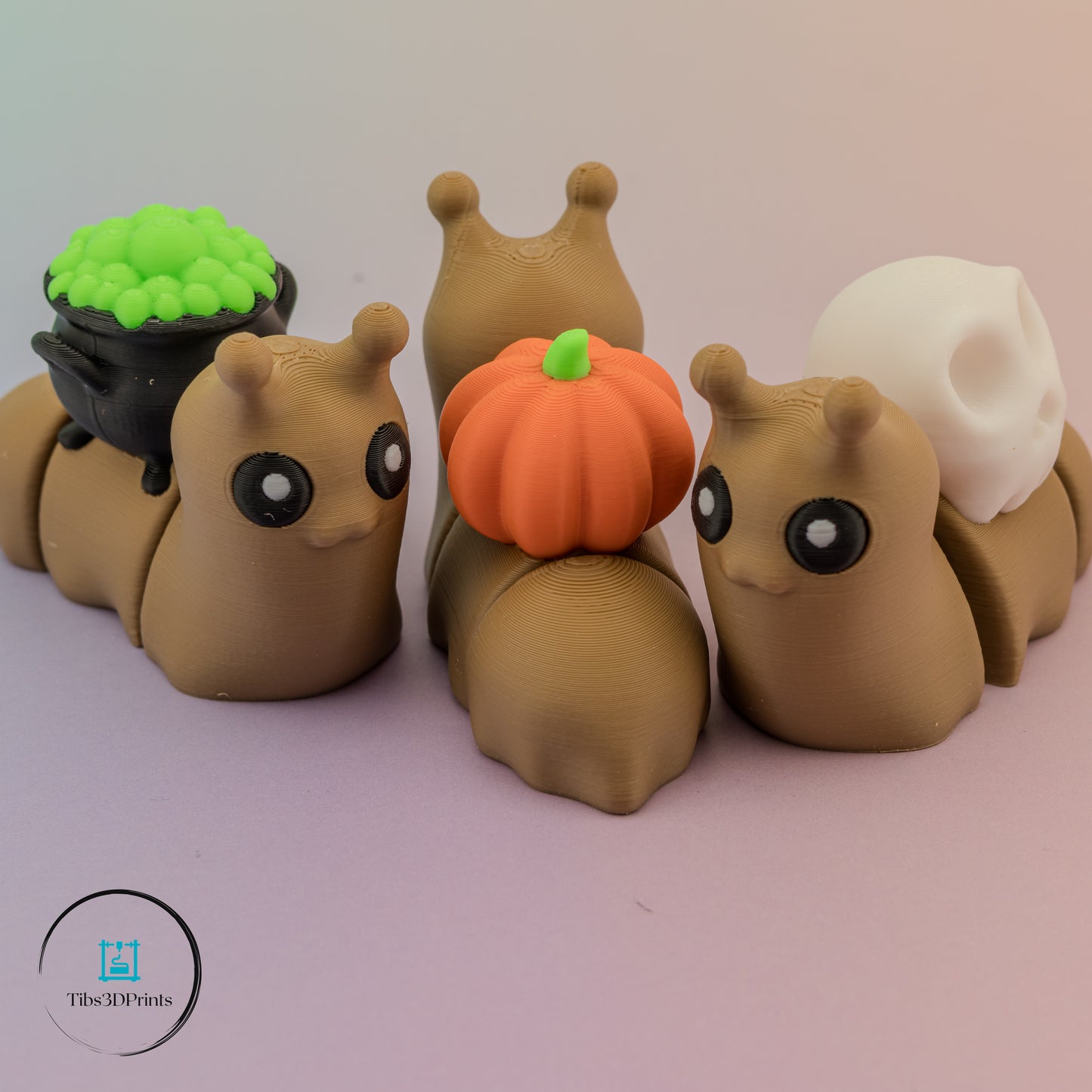 Cute 3D Printed Snails β Pumpkin, Skull & Cauldron Halloween Set