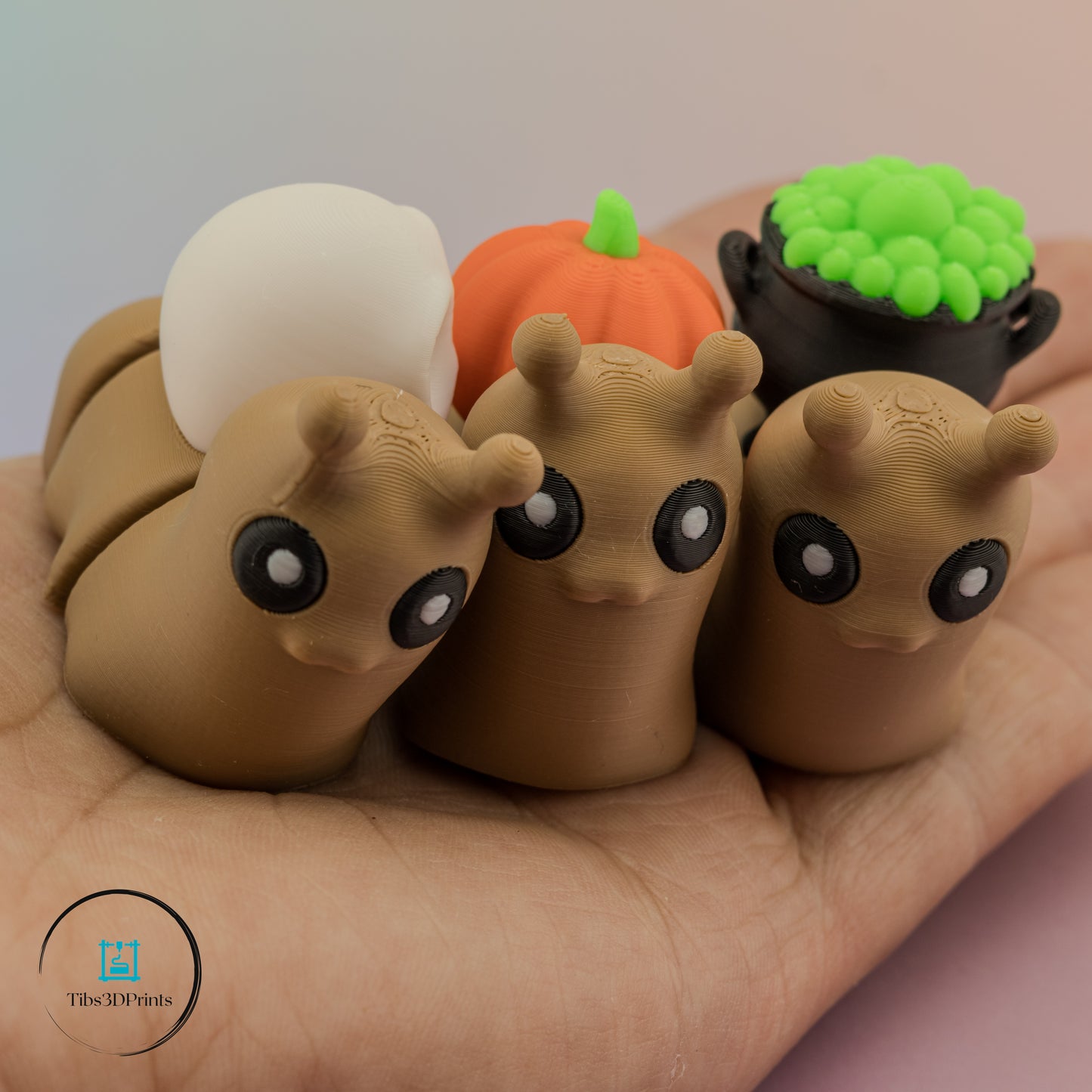 Cute 3D Printed Snails β Pumpkin, Skull & Cauldron Halloween Set