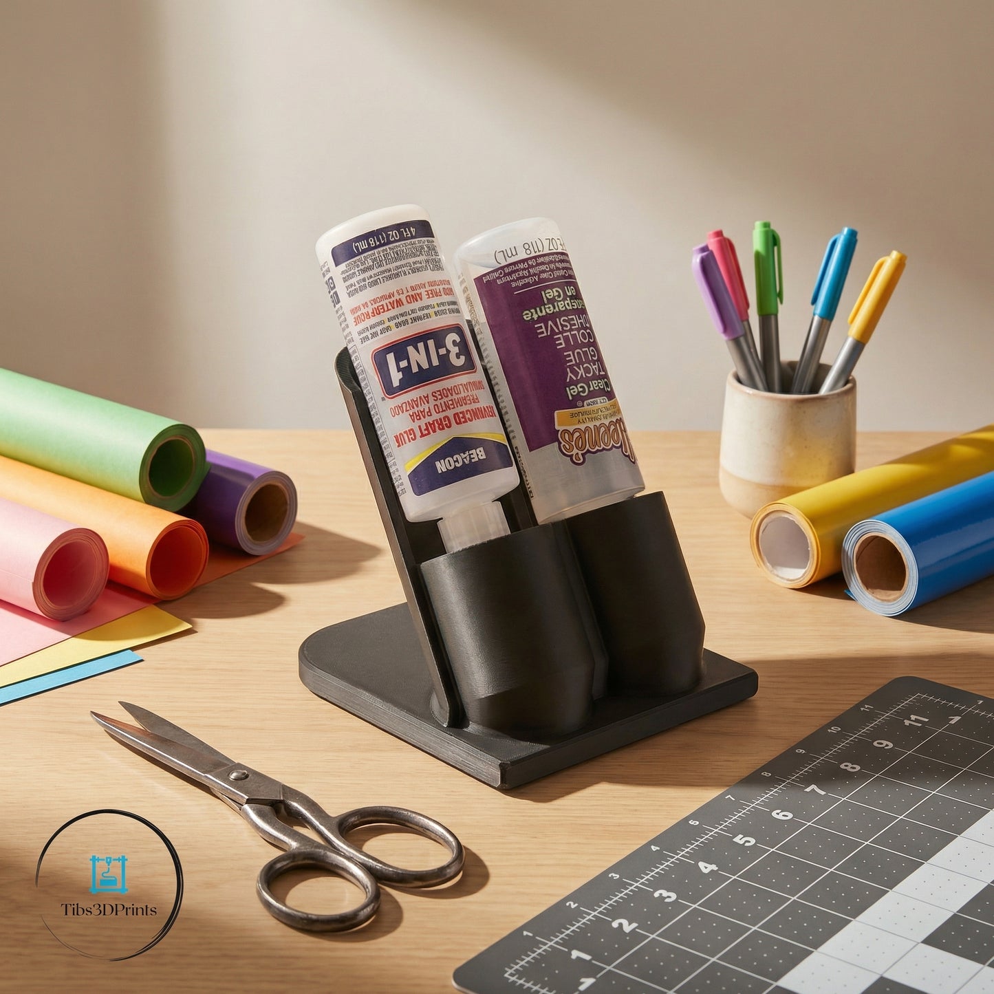 3D printed glue organizer on a craft desk with art supplies — compact storage for craft rooms and classrooms