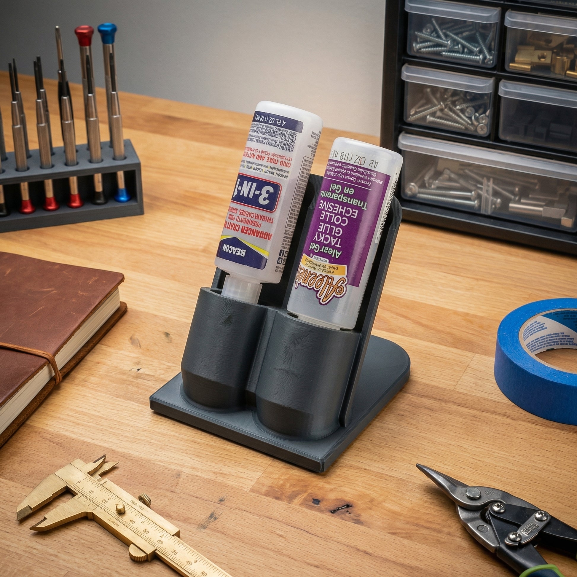 Glue holder organizer at a maker workstation with craft supplies — 3D printed desk storage