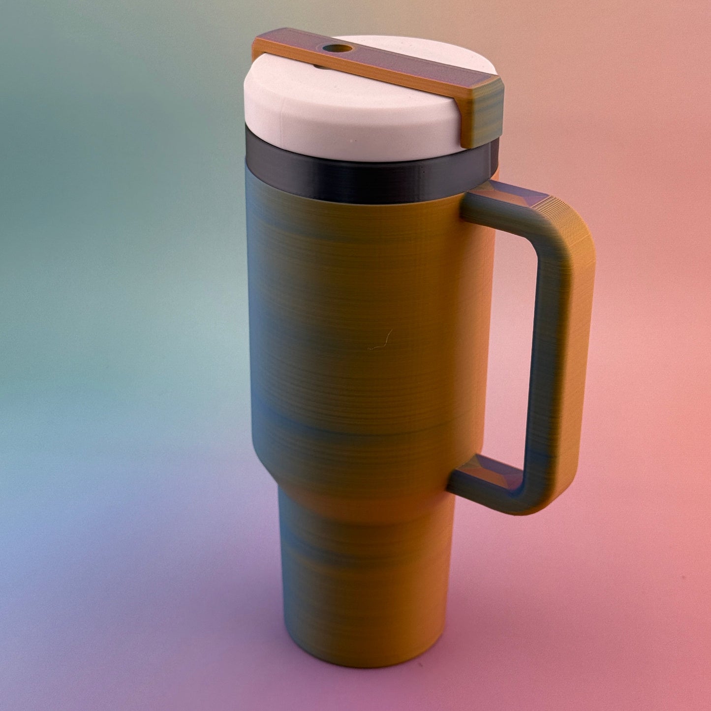 "Durable 3D printed slim can tumbler coozy with customizable handle and lid options"
