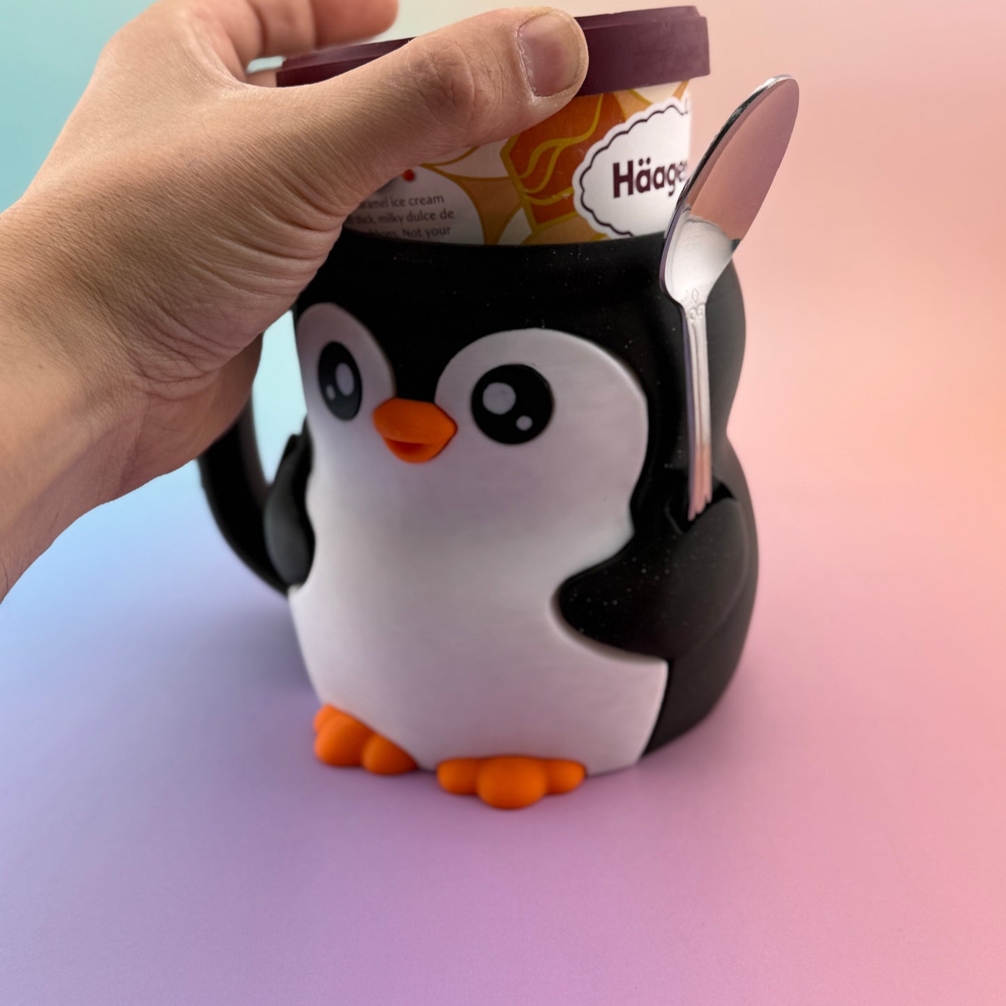 Penguin Ice Cream Pint Cozy - 3D Printed Holder with Spoon Slot for Häagen-Dazs, Ben & Jerry's, and More