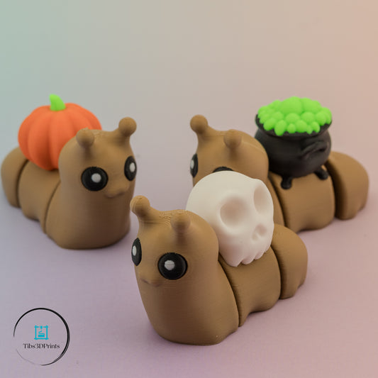 Cute 3D Printed Snails – Pumpkin, Skull & Cauldron Halloween Set