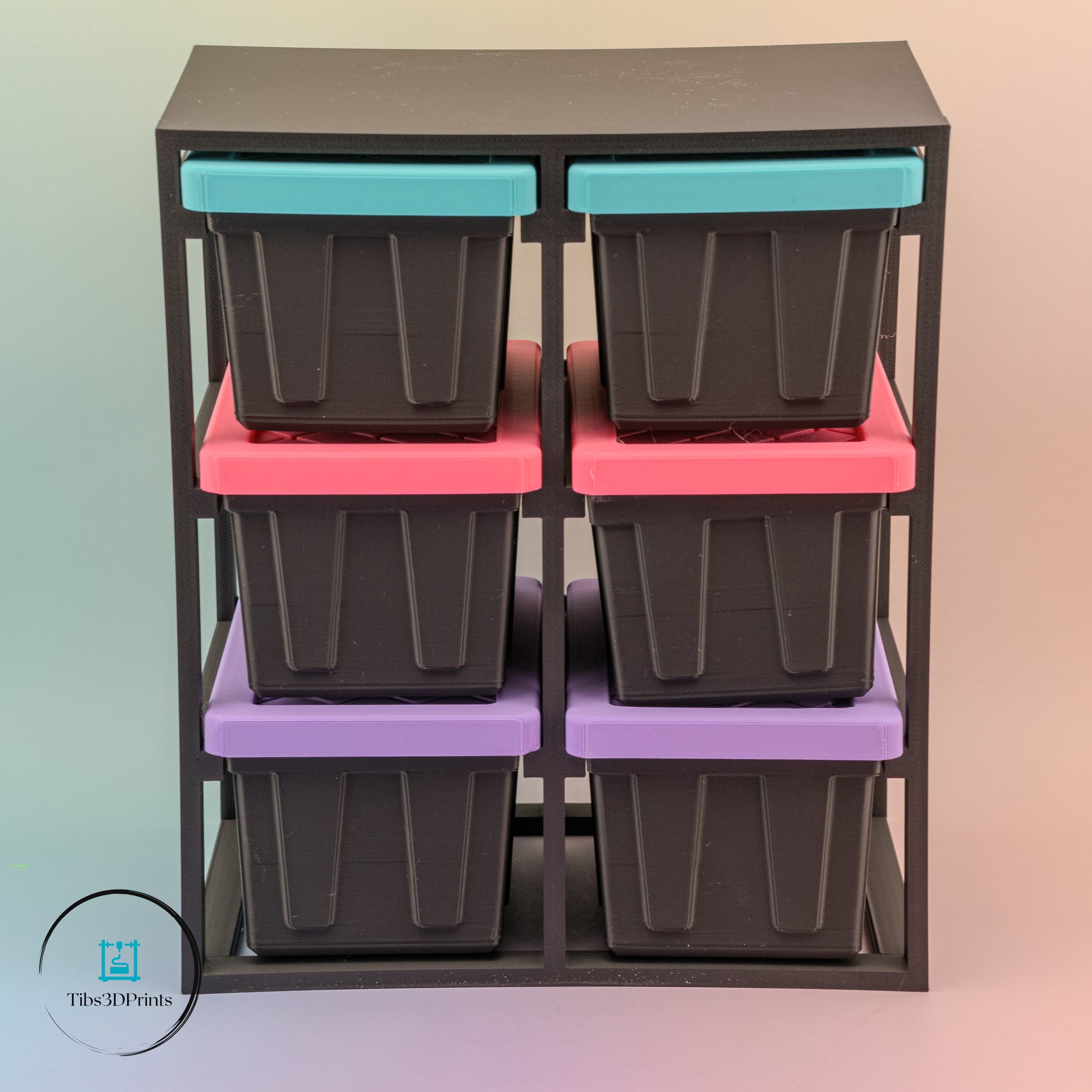 3D printed tote storage rack with 6 colorful bins and black frame