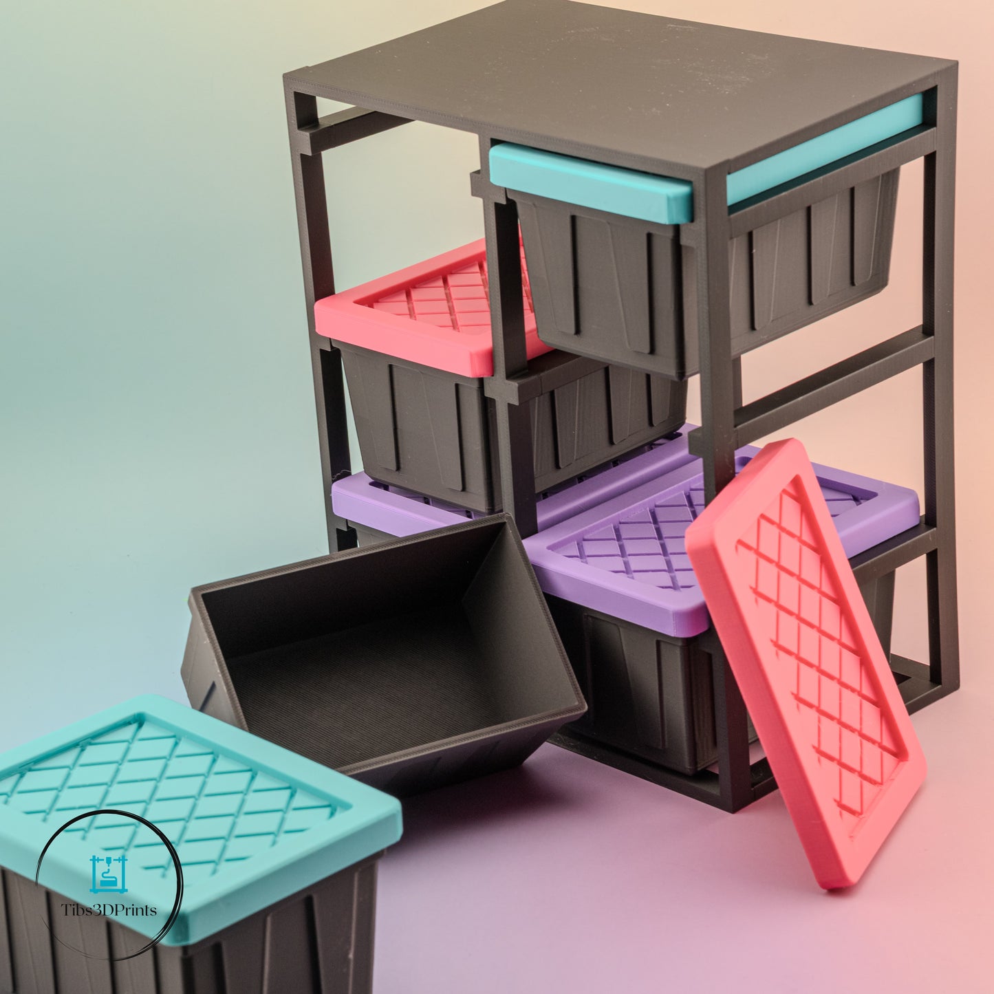 Storage rack with teal pink and purple accent bins