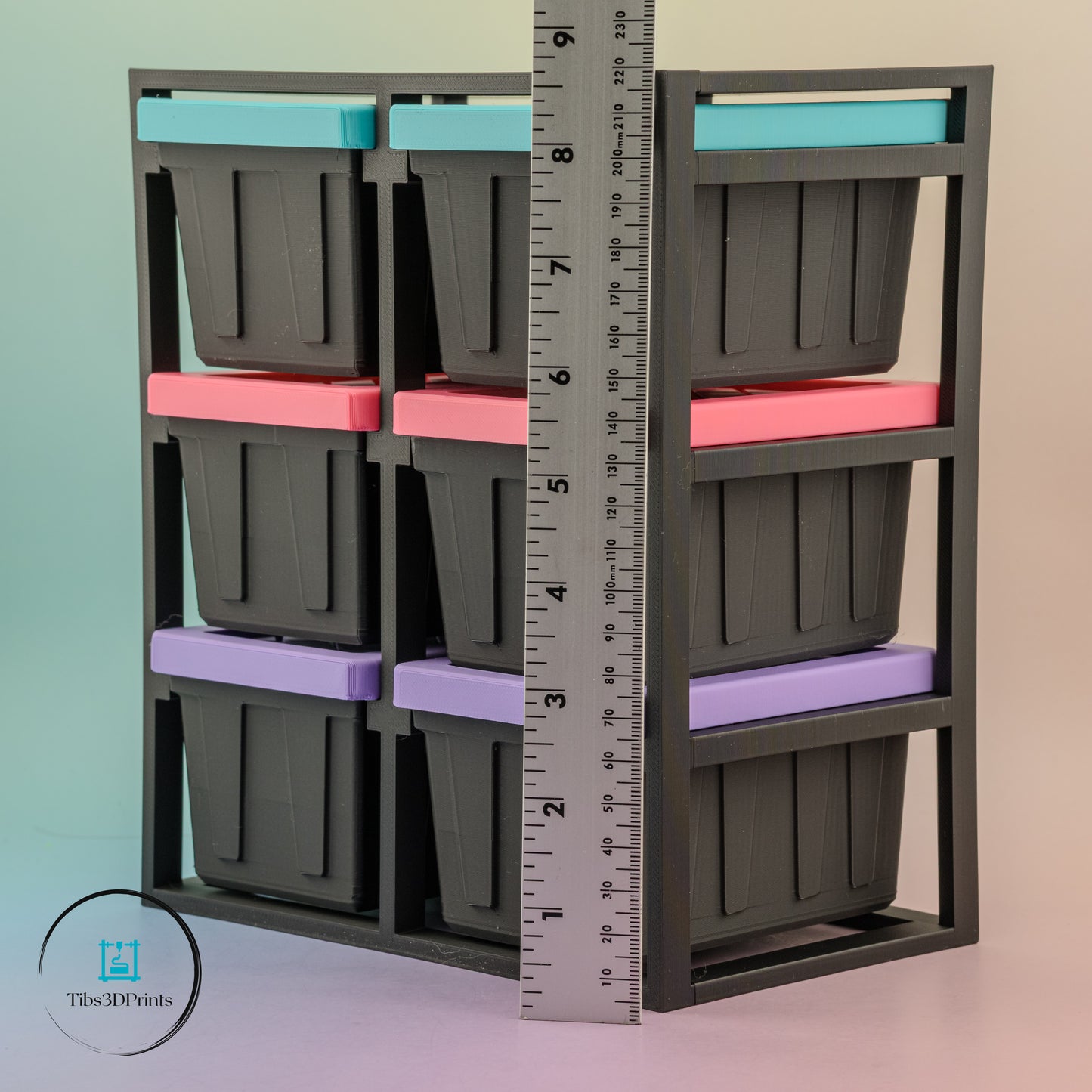 3D printed tote rack front view with all bins inserted