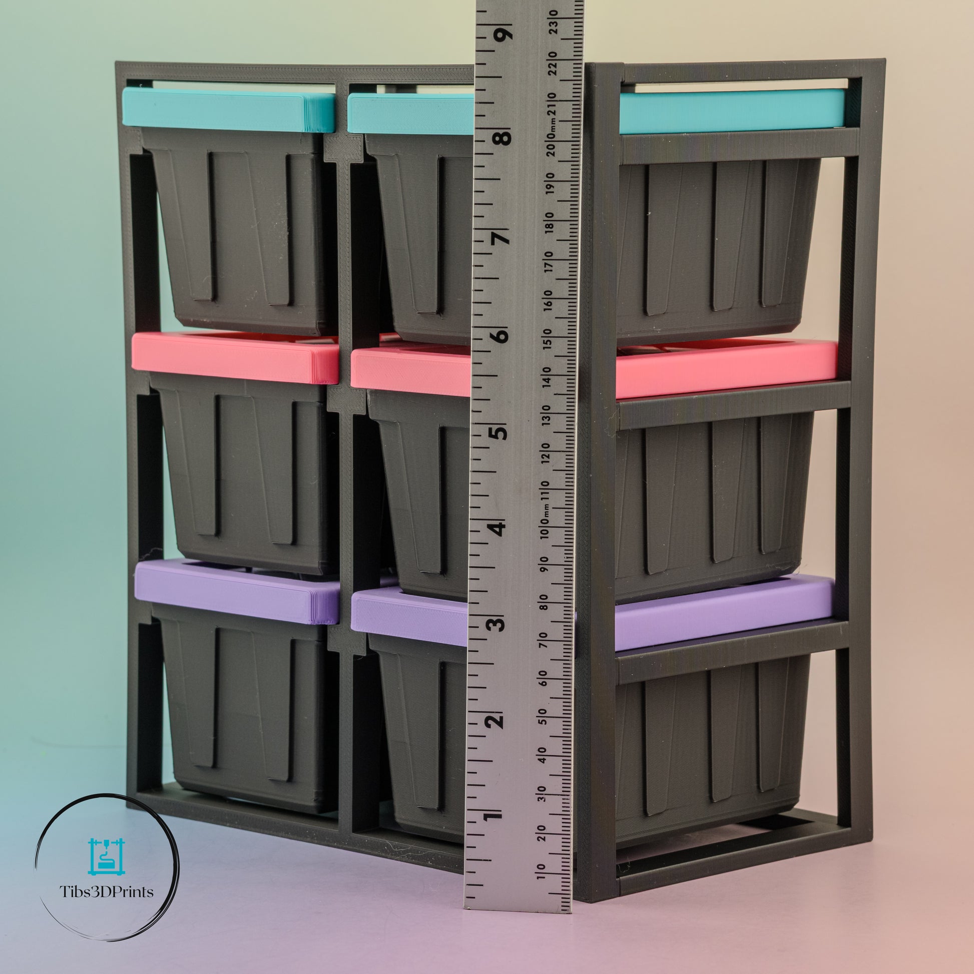 3D printed tote rack front view with all bins inserted