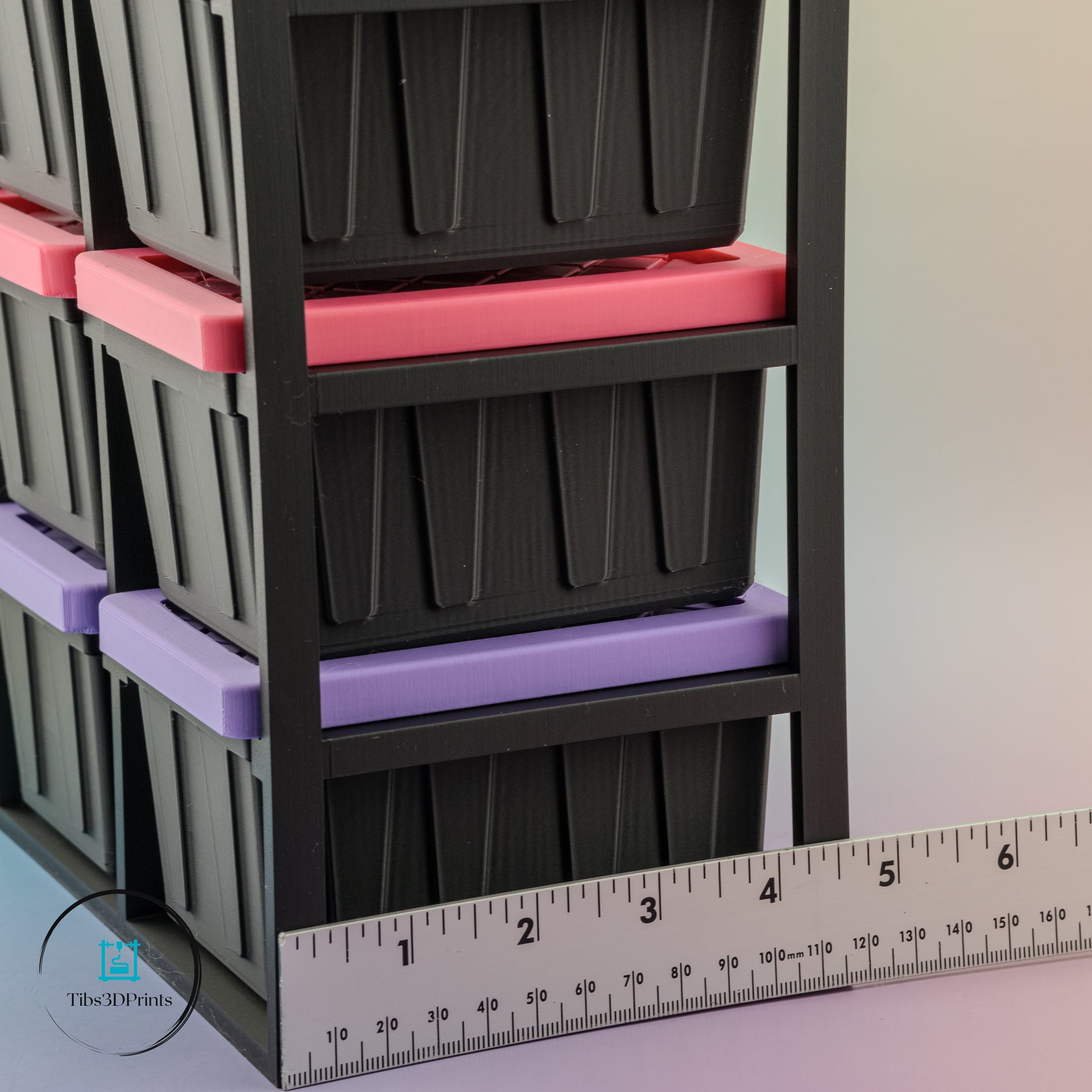 Craft room storage rack with colorful 3D printed bins