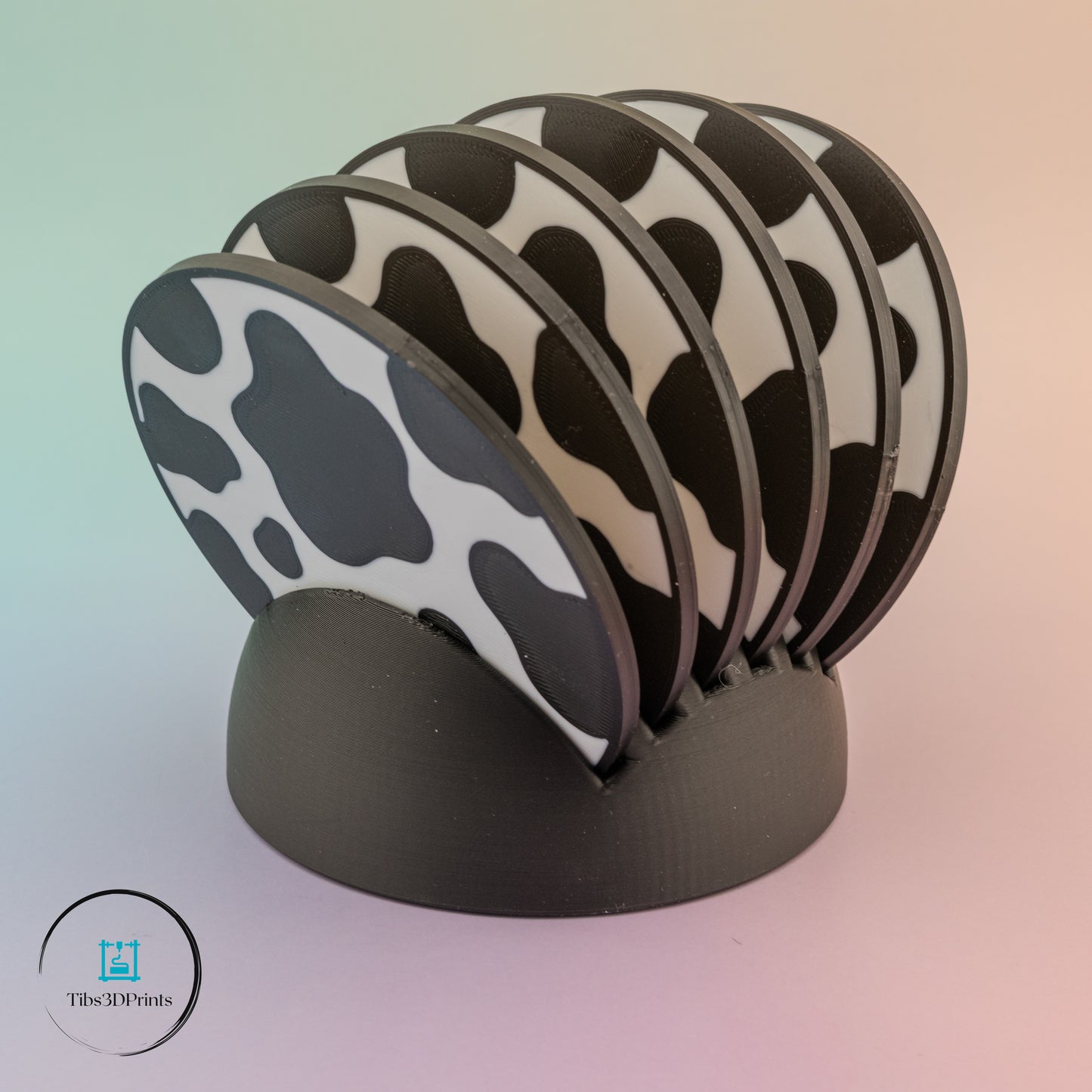 3D printed cow print coaster set of 6 with matching stand