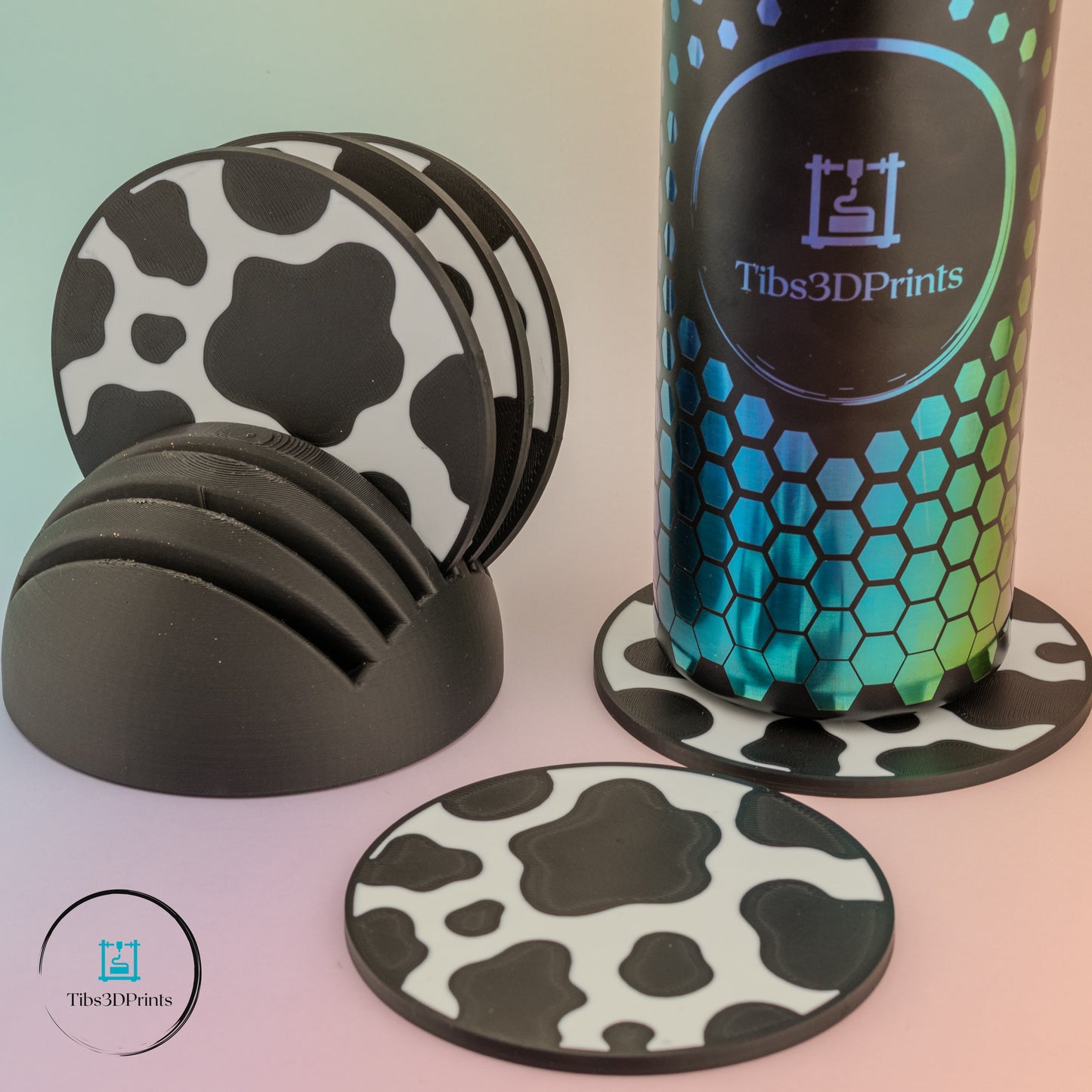 Farmhouse-style 3D printed coaster set with holder