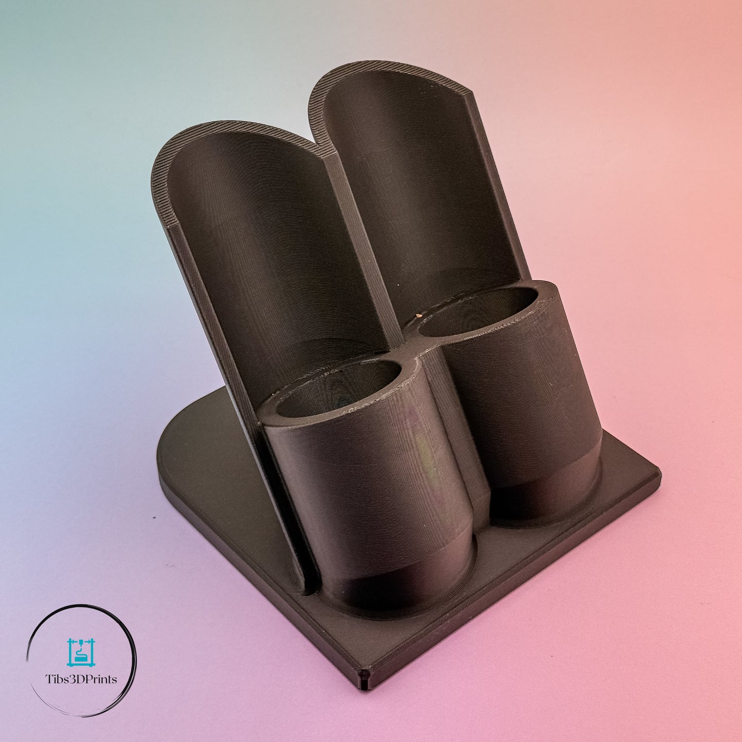 Black 3D printed glue holder organizer with craft glue bottles organized — desk storage for makers