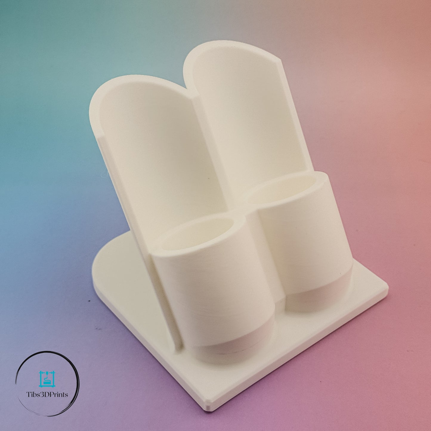 White 3D printed desk glue organizer showing compact footprint — ideal for craft rooms and classrooms