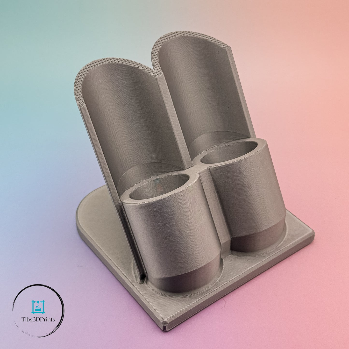 Silver 3D printed glue holder with glue bottles in slots — craft desk organizer made in Parma, Ohio