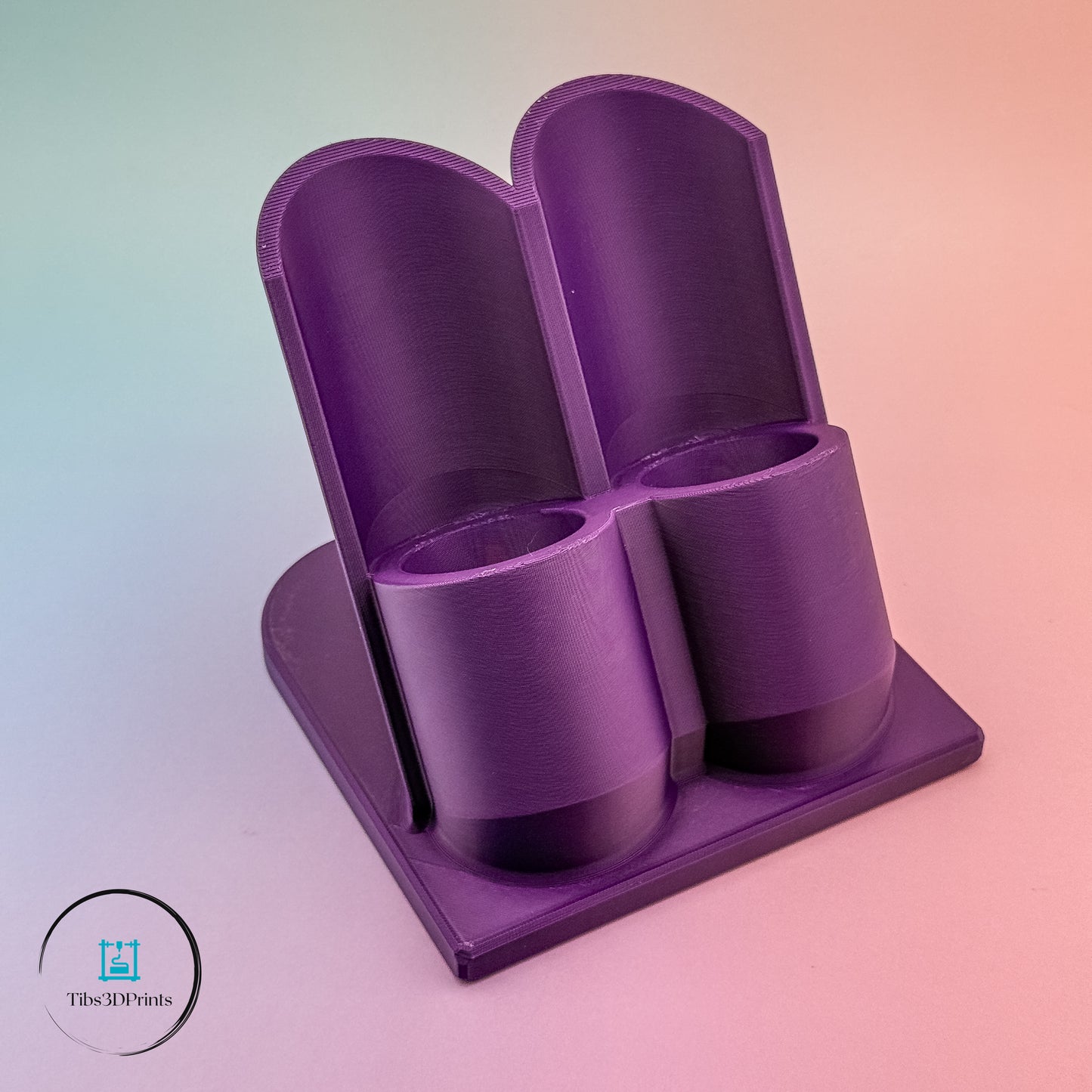 Plum 3D printed desk organizer holding multiple glue types — craft room and maker space storage