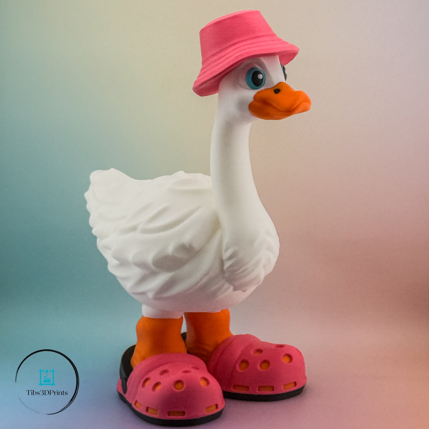 Porch goose wearing blue Crocs and matching hat