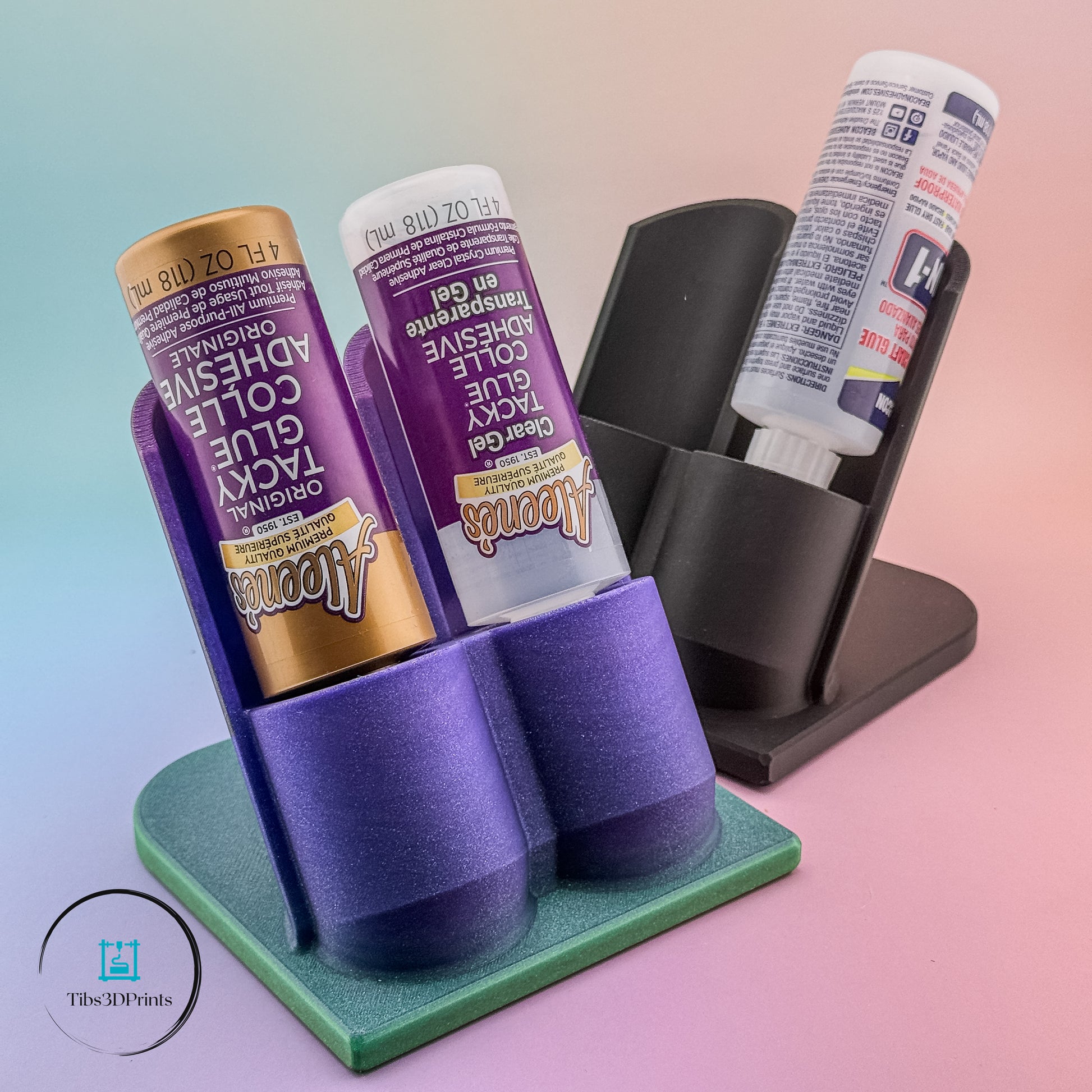3D printed desk glue holder organizer keeping craft glue bottles upright — original Tibs3DPrints design