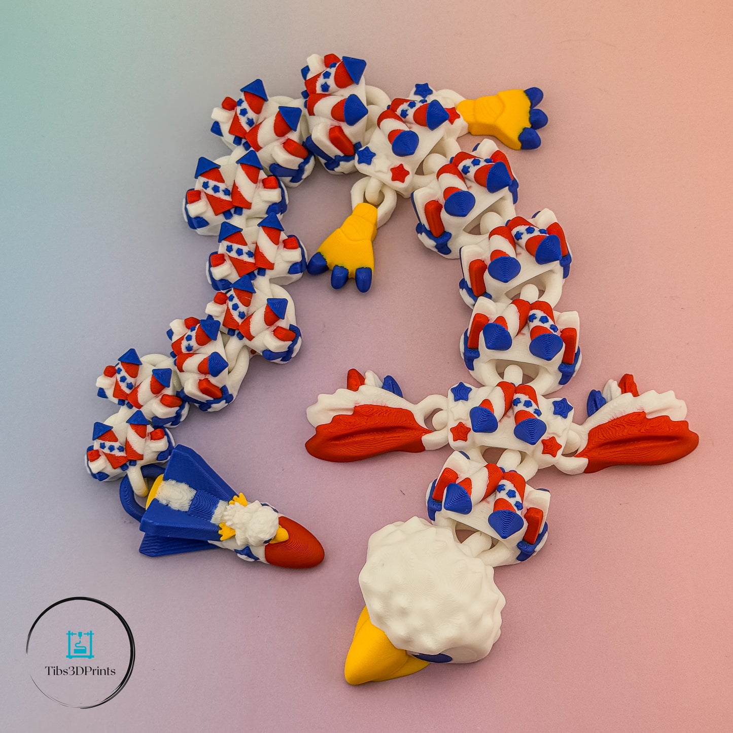 Star-Spangled Rocket Dragon — stars and stripes body view, 3D printed by Tibs3DPrints