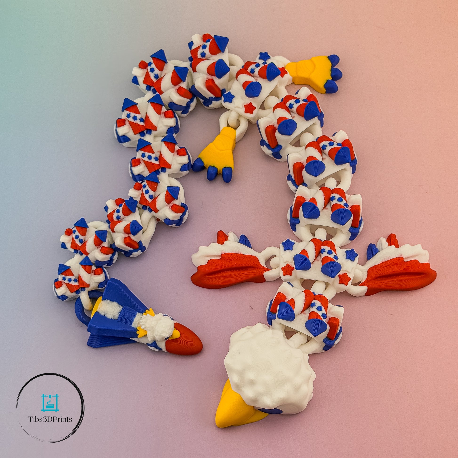 Star-Spangled Rocket Dragon — stars and stripes body view, 3D printed by Tibs3DPrints